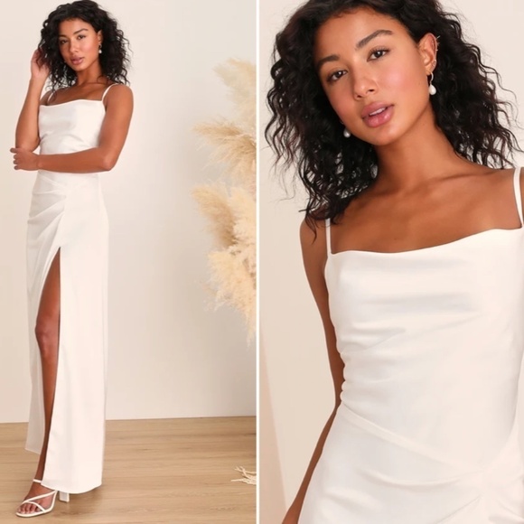 LULU's Bridal Modern Sexy Satin Classic Minimalist Mermaid Trumpet Maxi Gown - Picture 3 of 3